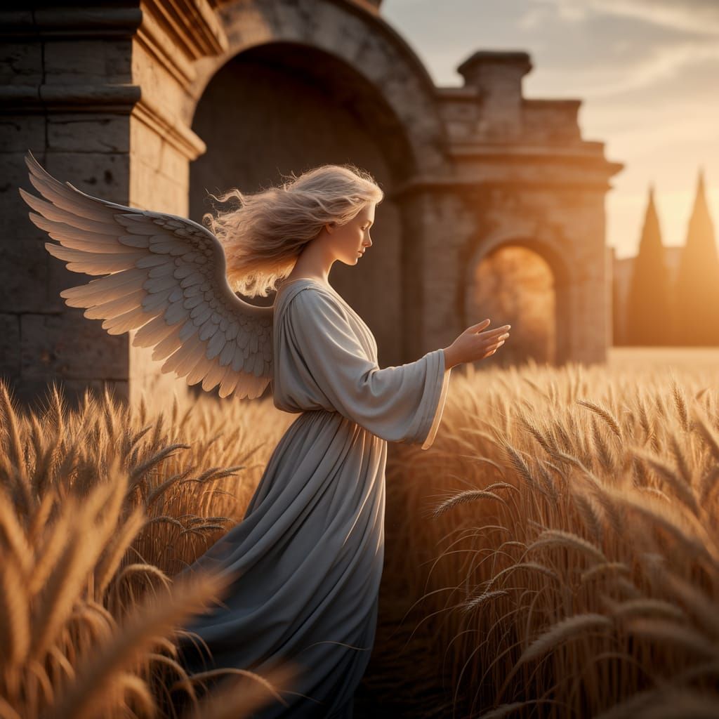 Angelic Figure in Golden Light Over Wheat Field