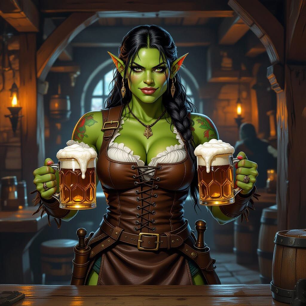 Orc Barmaid in Medieval Tavern, Frazetta Style