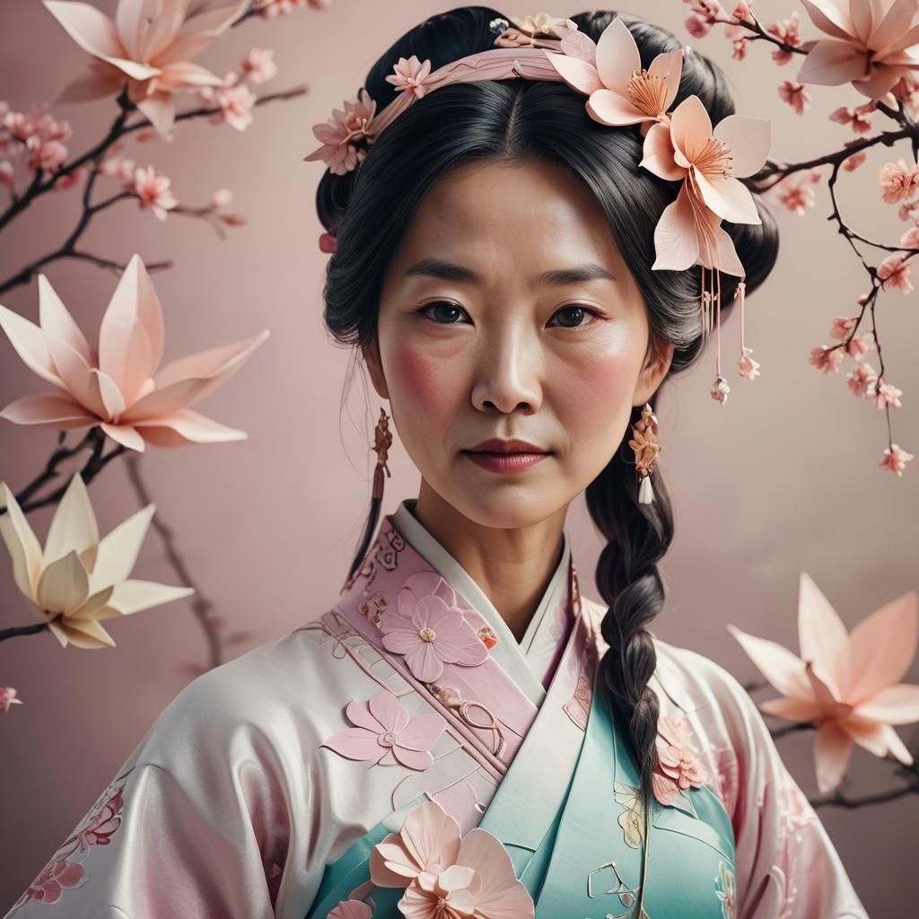 Delicate Chinese Woman in Origami-Inspired Digital Art