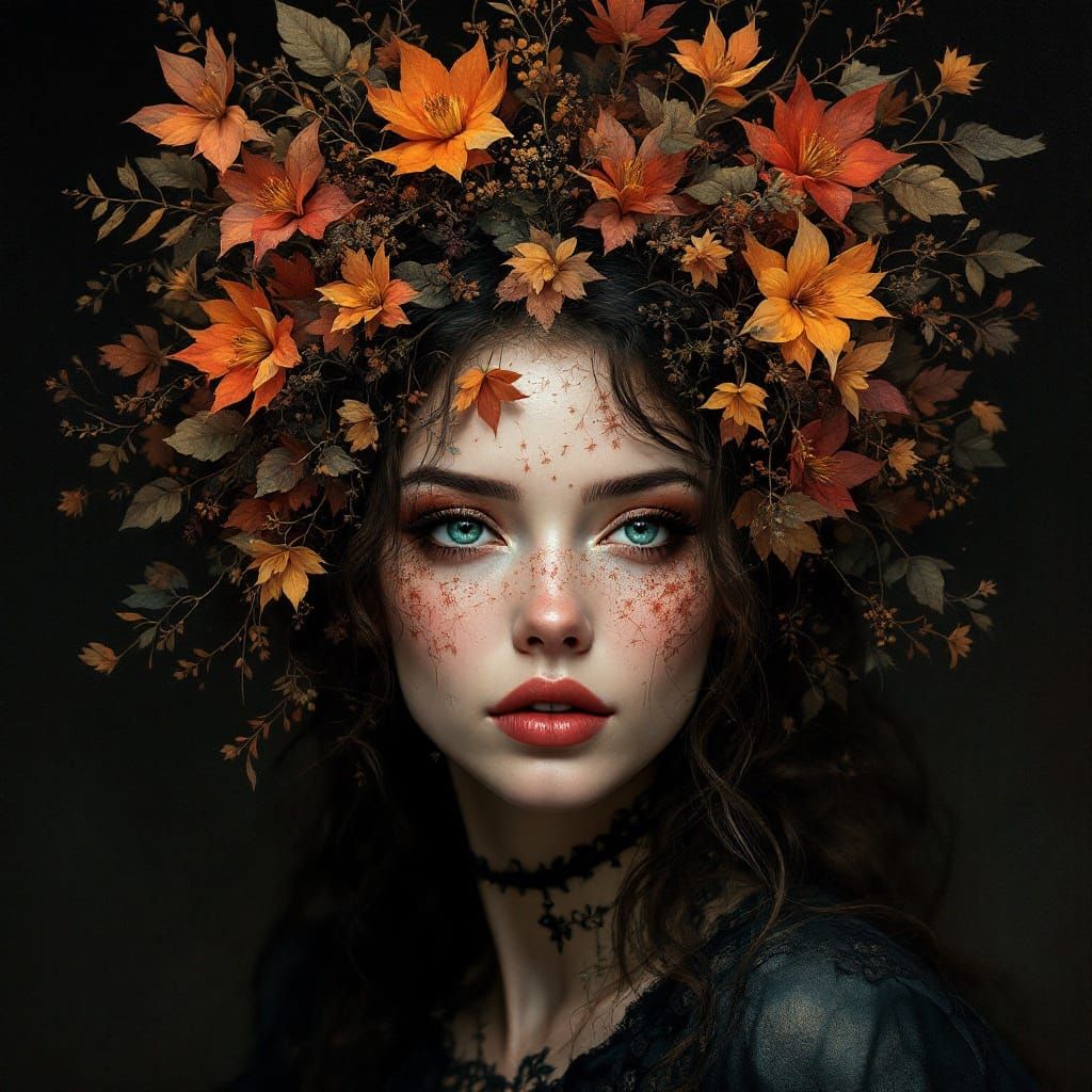 Regal Woman in Autumn Floral Arrangement, Earthy Tones