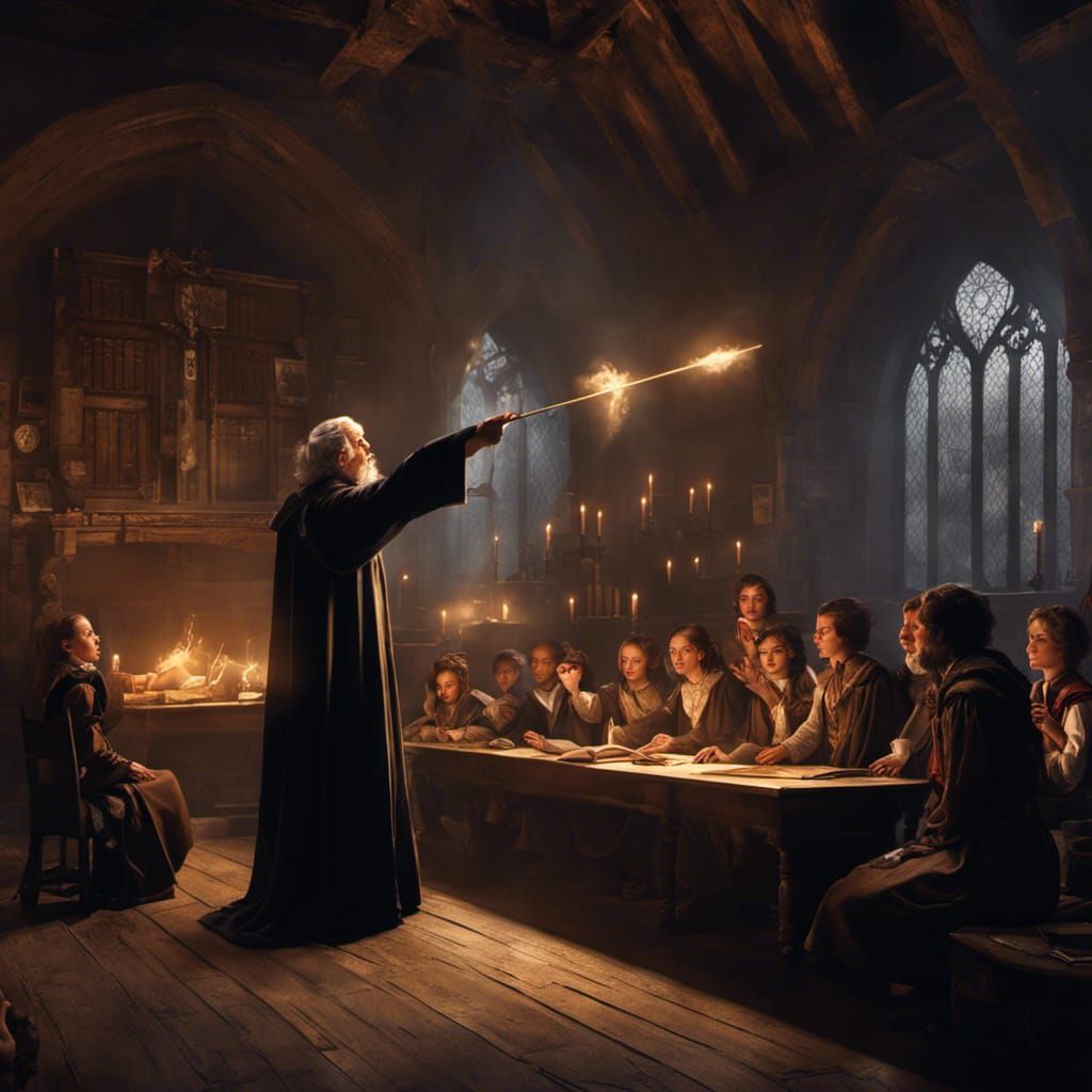 Warlock Teaching Spell in Medieval School, Dark Fantasy Art
