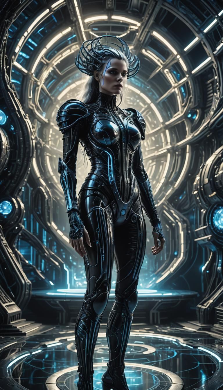 Biomechanical Woman in Futuristic Sci-Fi Setting