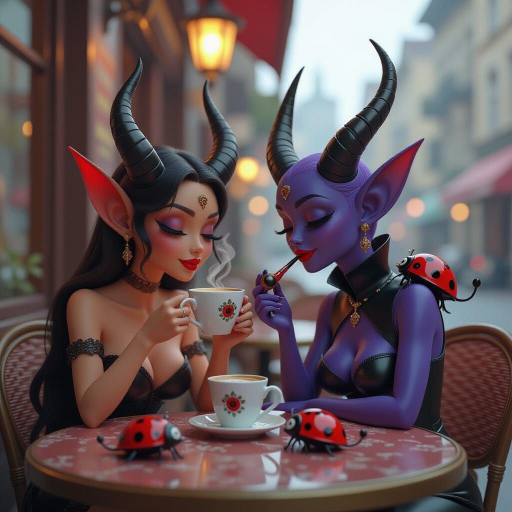 Cartoon Devil Drinks Coffee Amidst Whimsical Cafe Scene