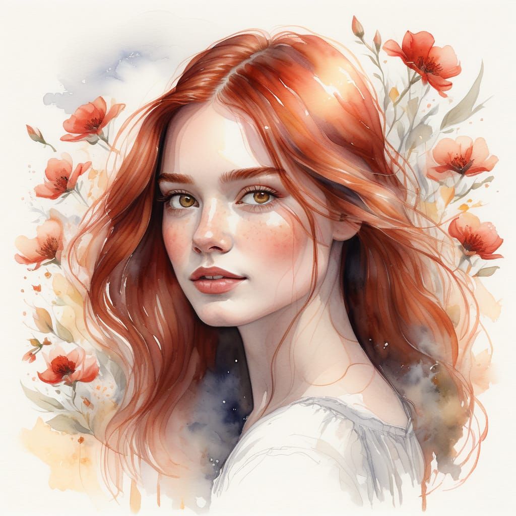 Woman Portrait with Auburn Hair in Misty Moonlight