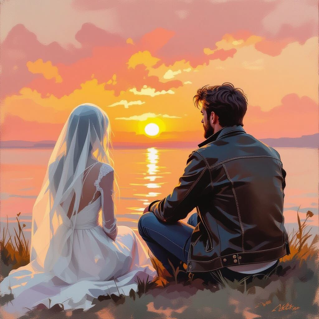 Ghostly Girl and Man Admiring Sunset as Impressionist Painti...