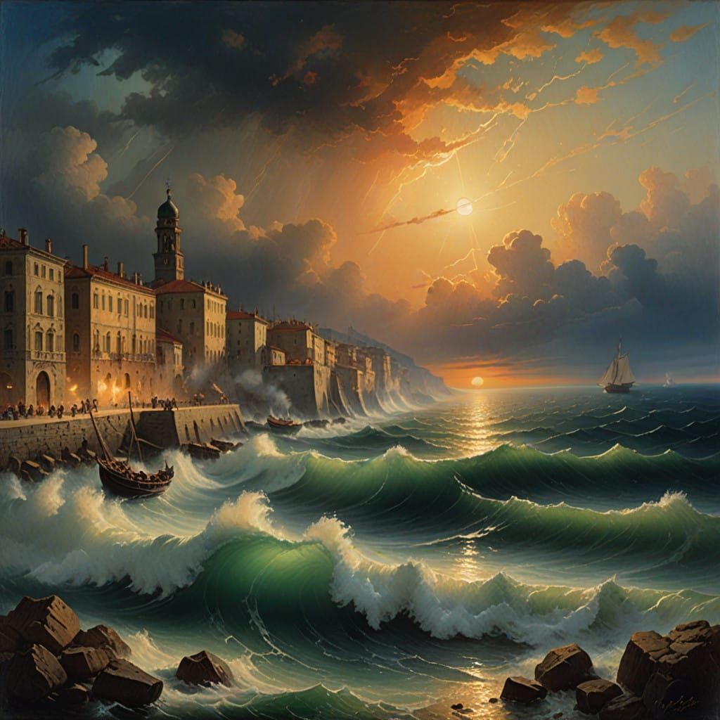 Dramatic Italian Cityscape at Dusk Amidst Turbulent Storm