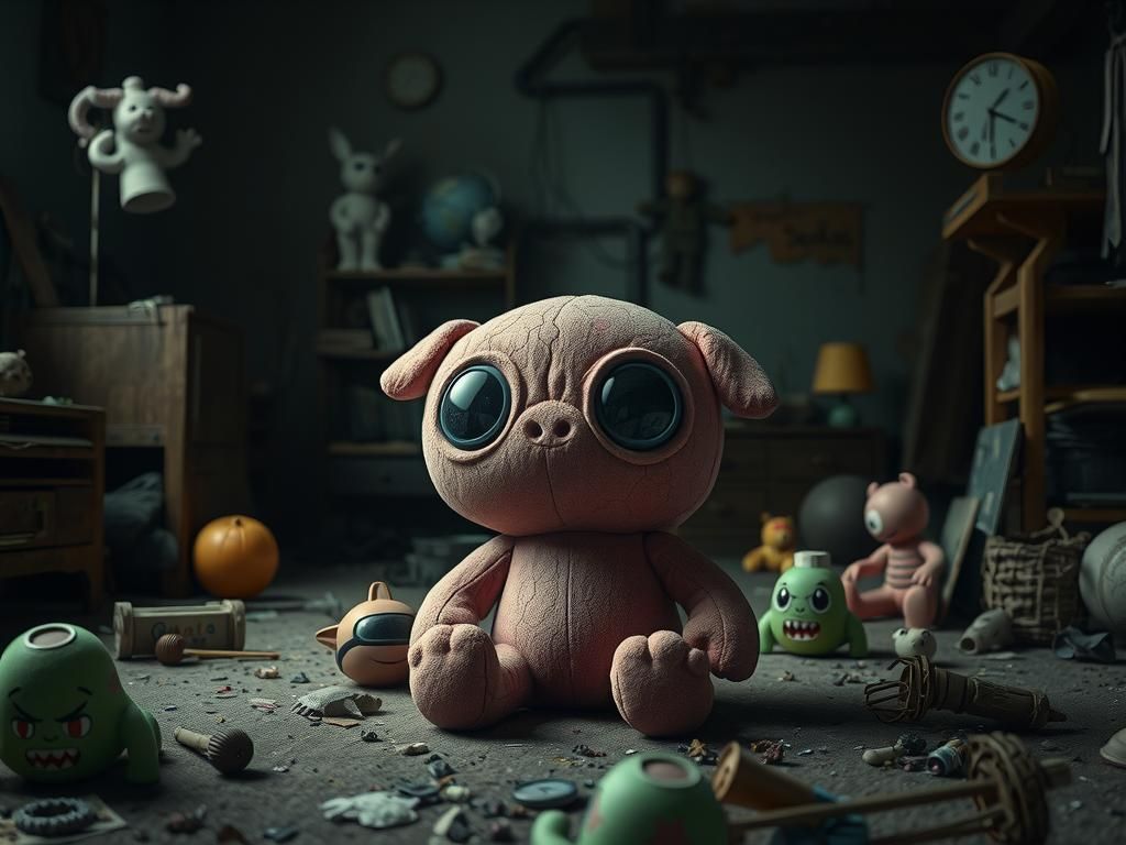 Decaying Playroom: Plush Toy in Post-Apocalyptic Scene