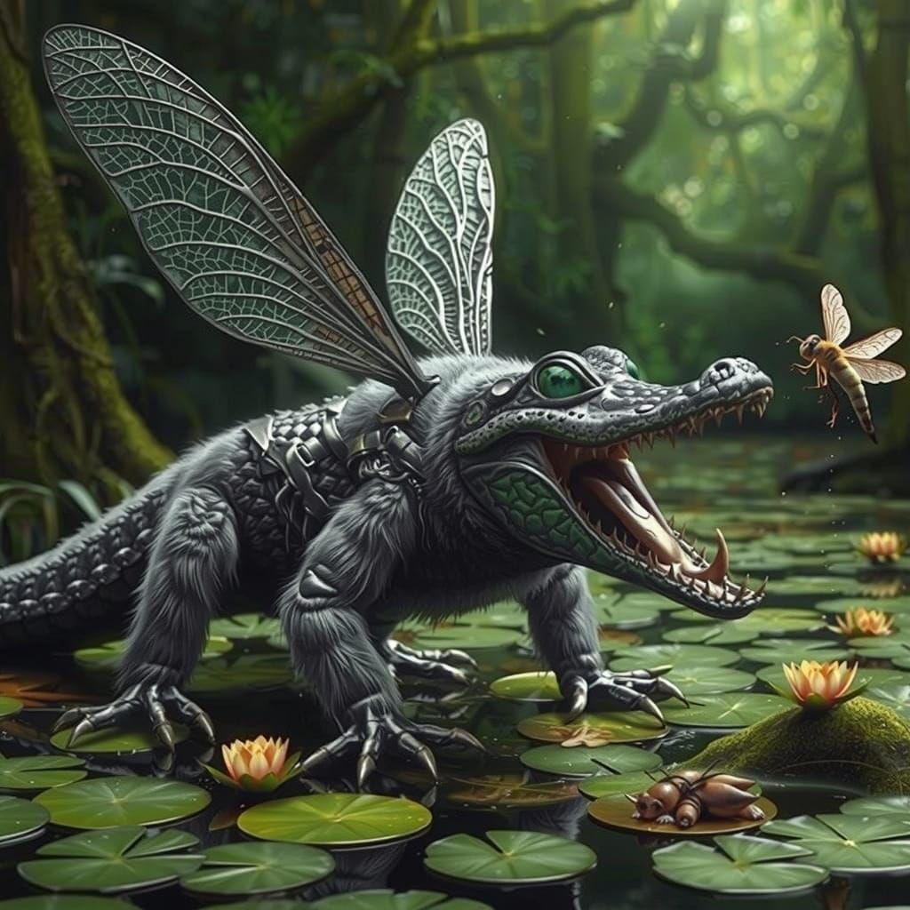 Alligator in Leather Jacket with Dragonflies