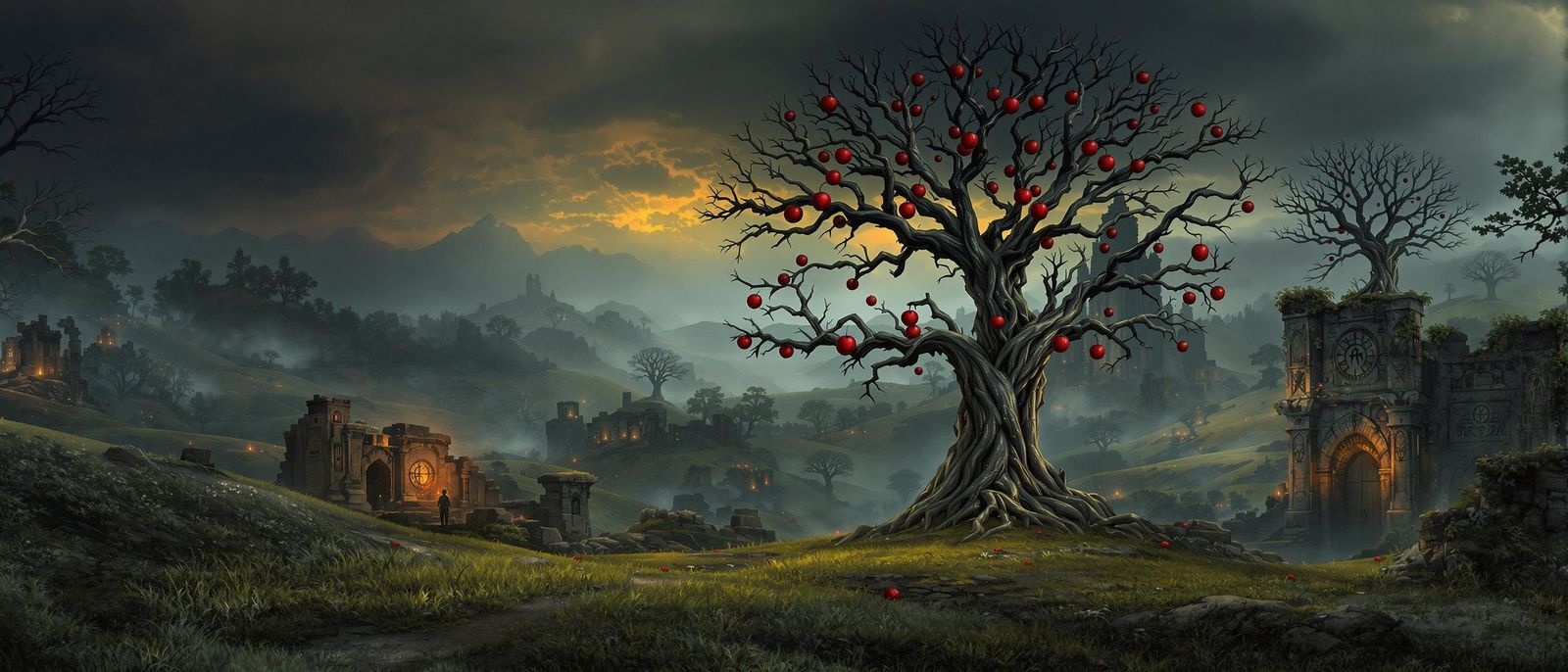 Mystical Elden Ring Landscape with Crimson Sky