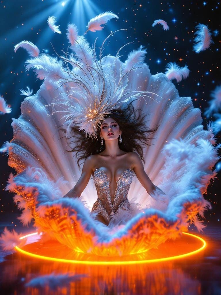 Showgirl Emerges from Seashell in Dreamlike Fantasy