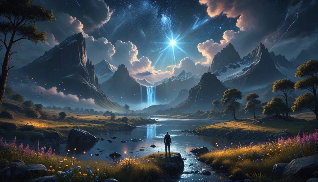 Person Gazes at Stars in Epic Fantasy Landscape