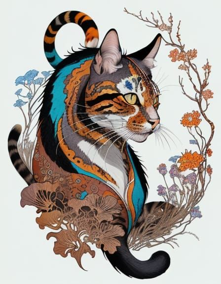 Mythical Tortoiseshell Cat in Surreal Woodland
