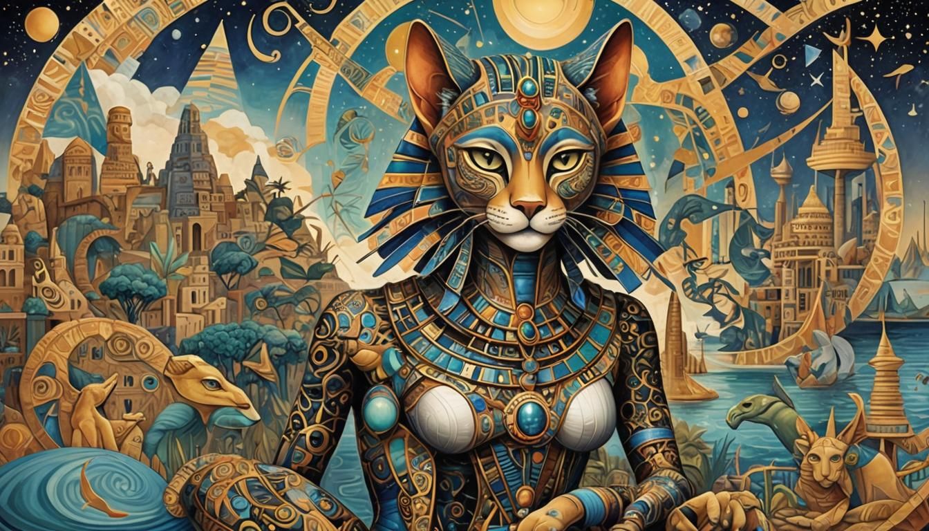 Bastet Goddess on the Nile in Cubist Style