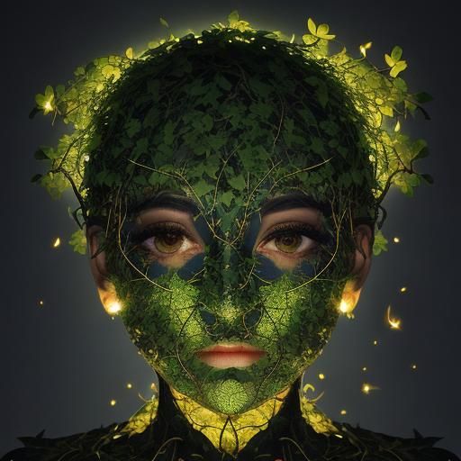 Abstract Face of Leaves Lit by Fireflies