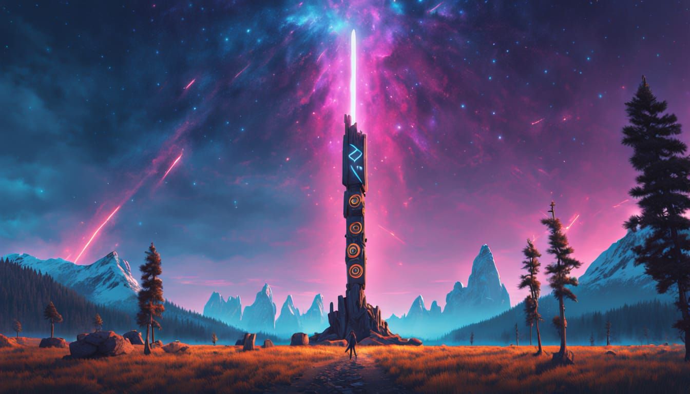 Totem Reaching Into Space in Digital Matte Painting Style