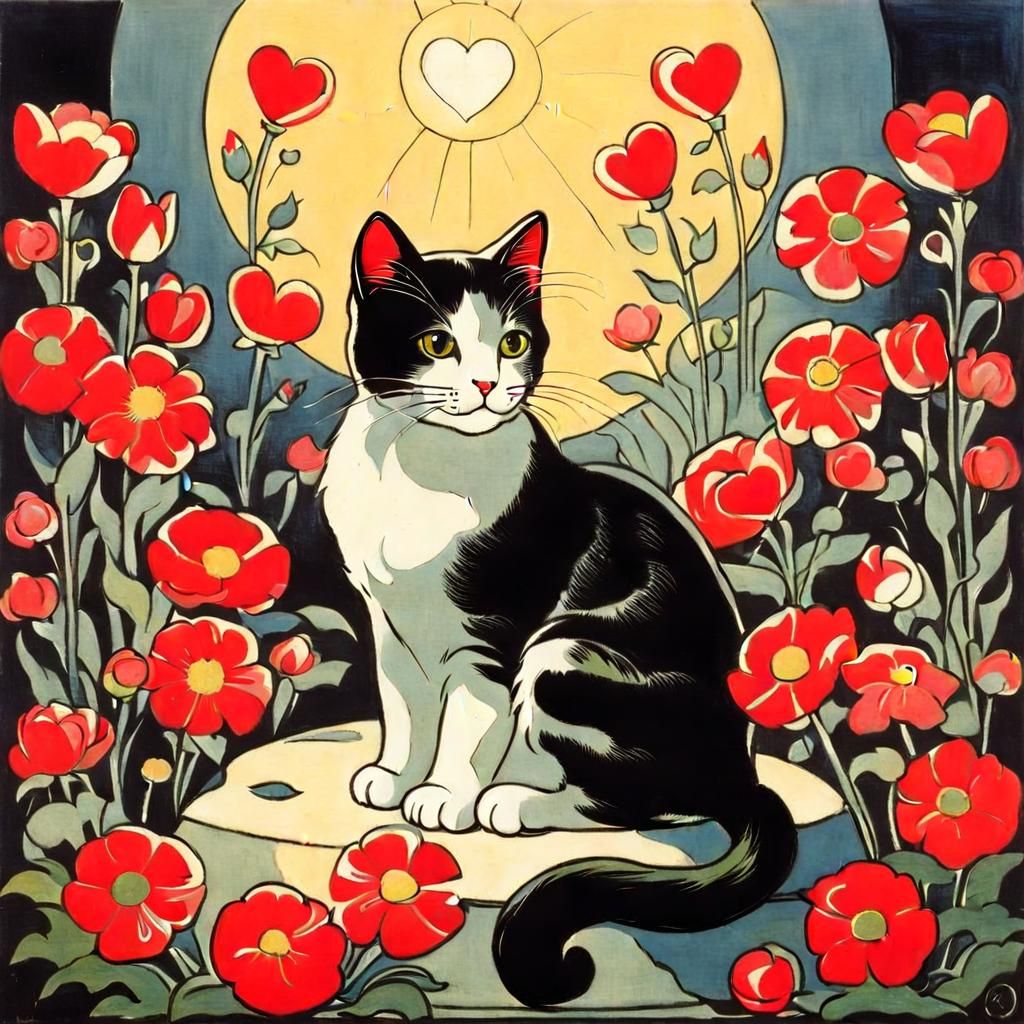 Cute Cat Surrounded by Flowers in Post-Impressionist Style