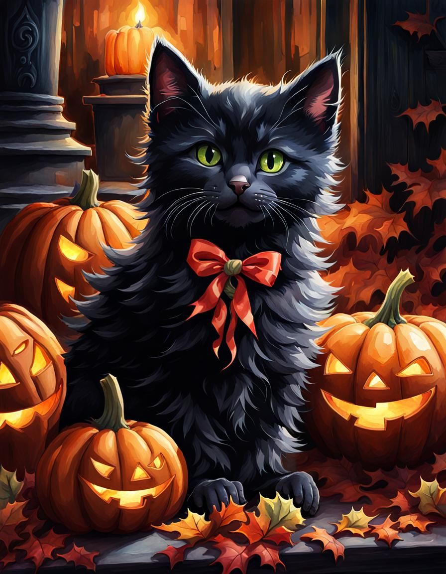 Fluffy Black Kitten in Halloween Watercolor