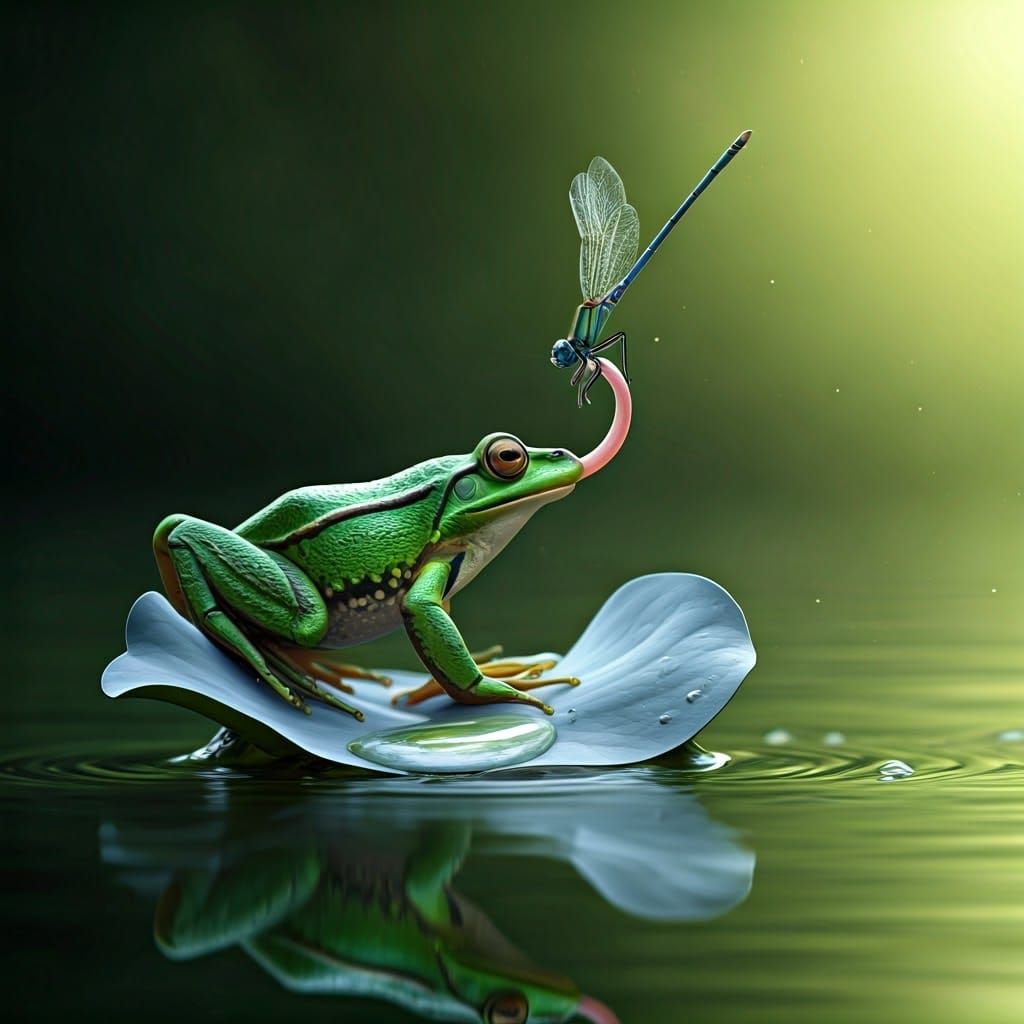 Iridescent Frog Captures Dragonfly: Hyperrealistic Pond Scen...