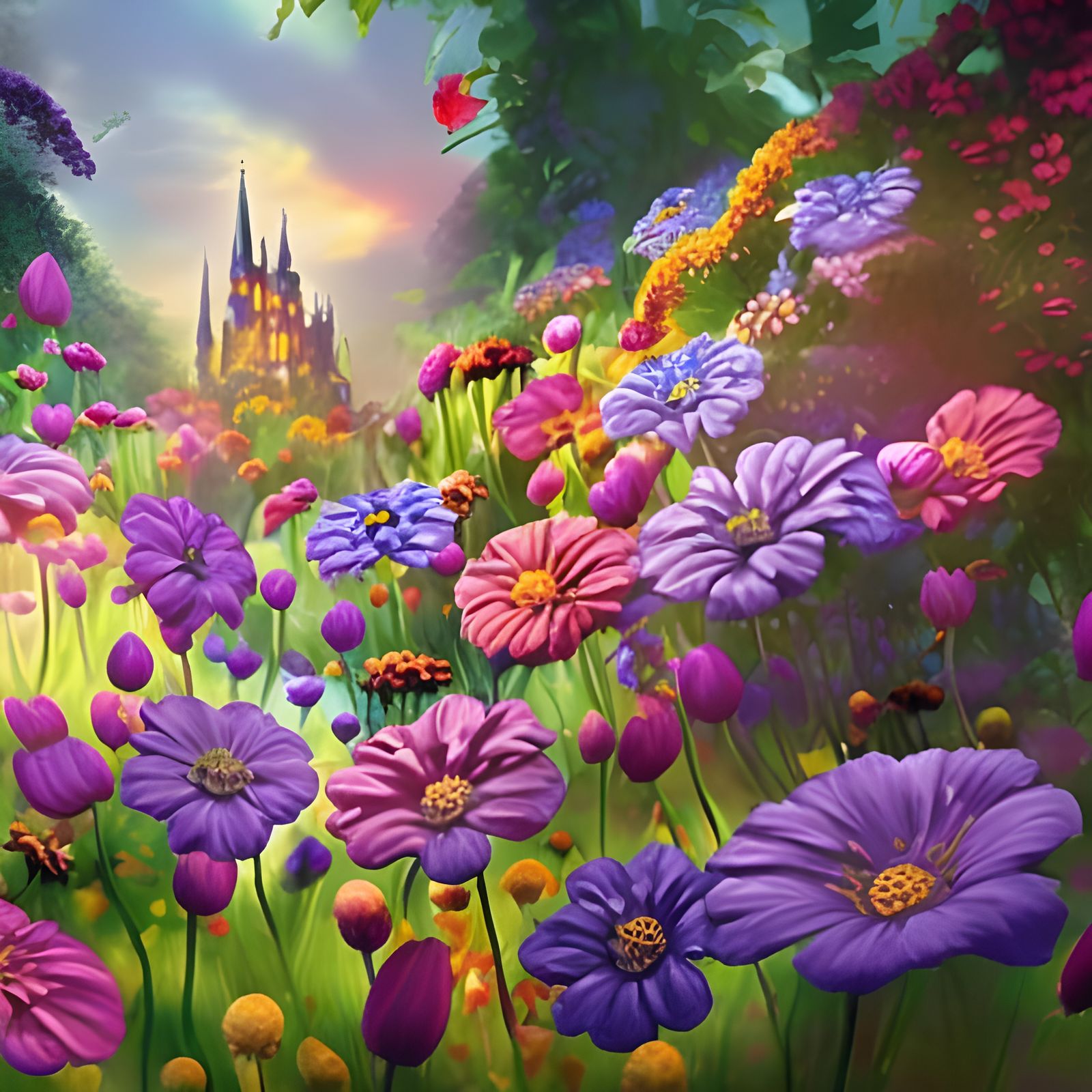 Fantasy flower garden,   distant castle