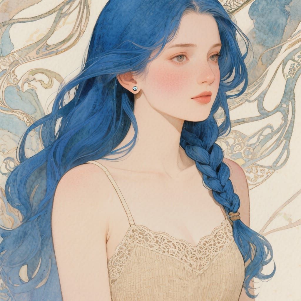 Woman with Blue Hair in Art Nouveau Style