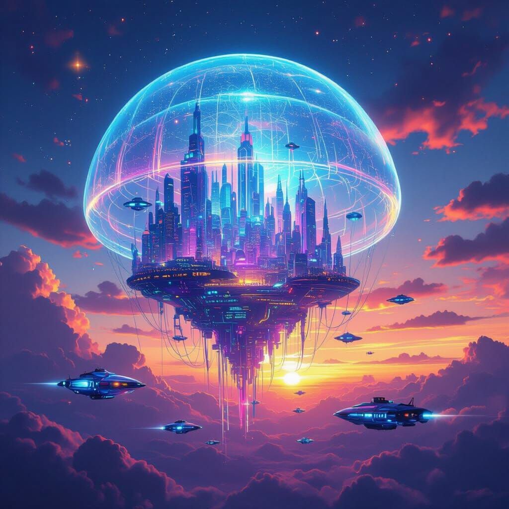 Bioluminescent Jellyfish Sky City at Sunset