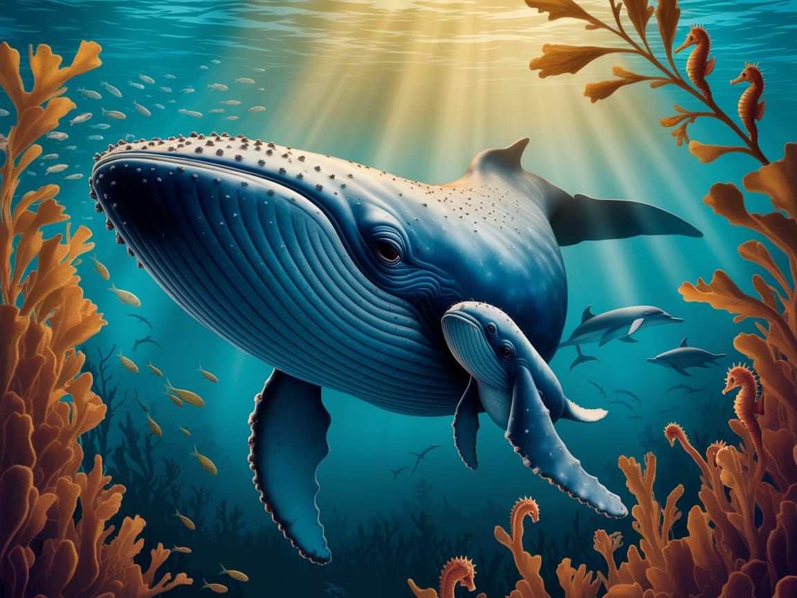 Blue Whale Mother and Calf in Kelp Forest