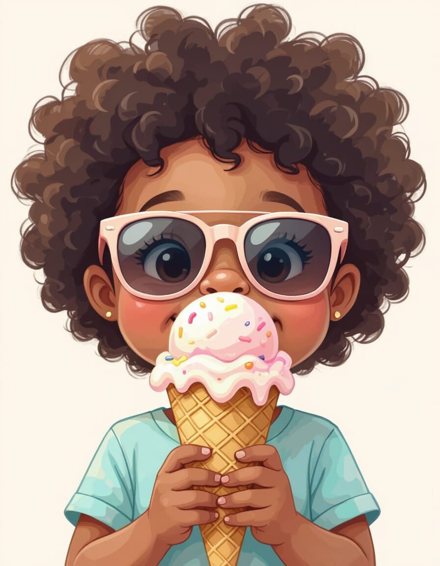 Cute Kid Illustration with Ice Cream in Pastel