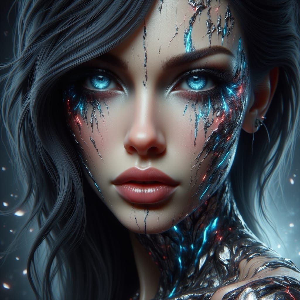 Hyperrealistic Portrait of Woman with Luminous Golden Makeup