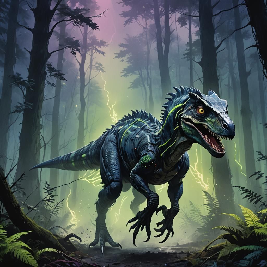 Vibrant Velociraptor Speeds Through Mystical Forest in Neon-...