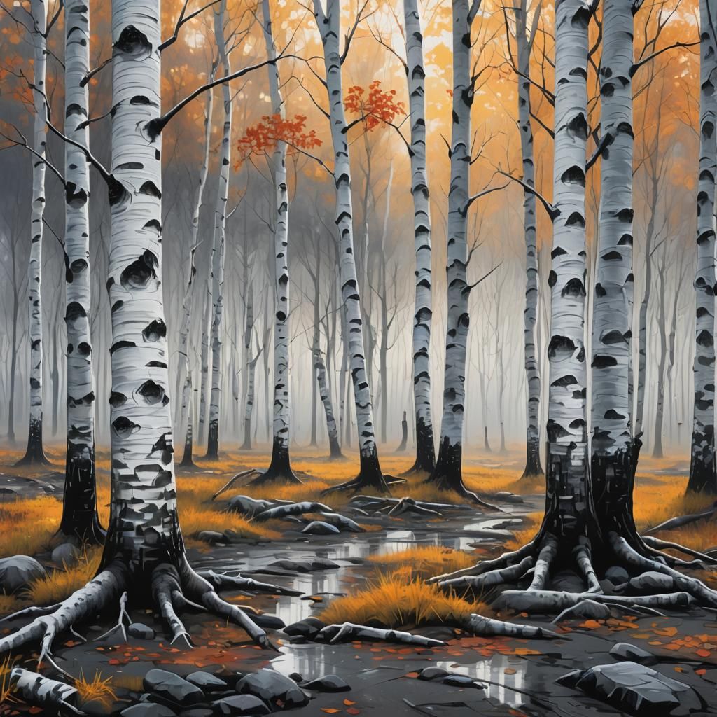 Sunrise in Birch Forest with Mist, Graffiti Art Style