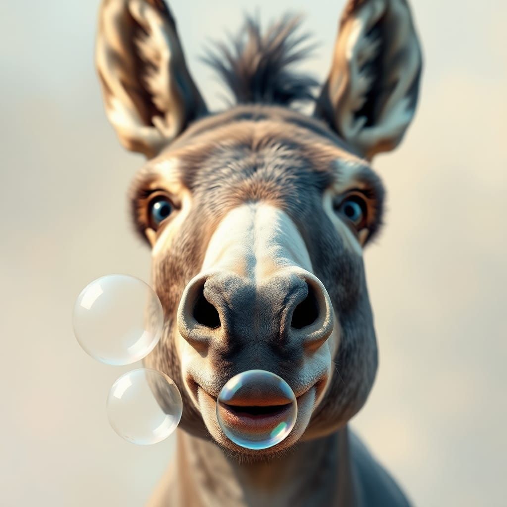 Chibi Donkey Blowing Bubbles in Impressionist Chalk Art