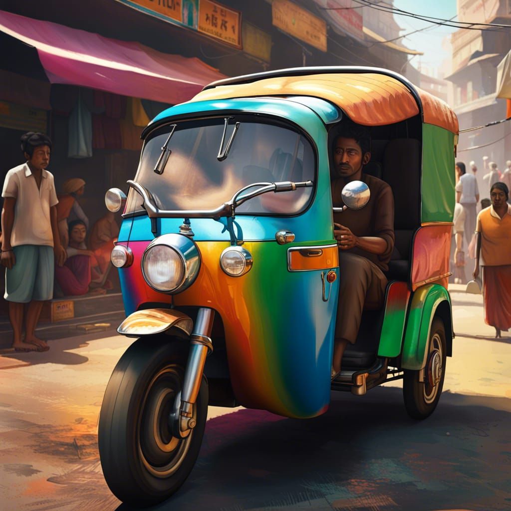 Indian Tuk-Tuk in a Vibrant Market, Hyperrealistic