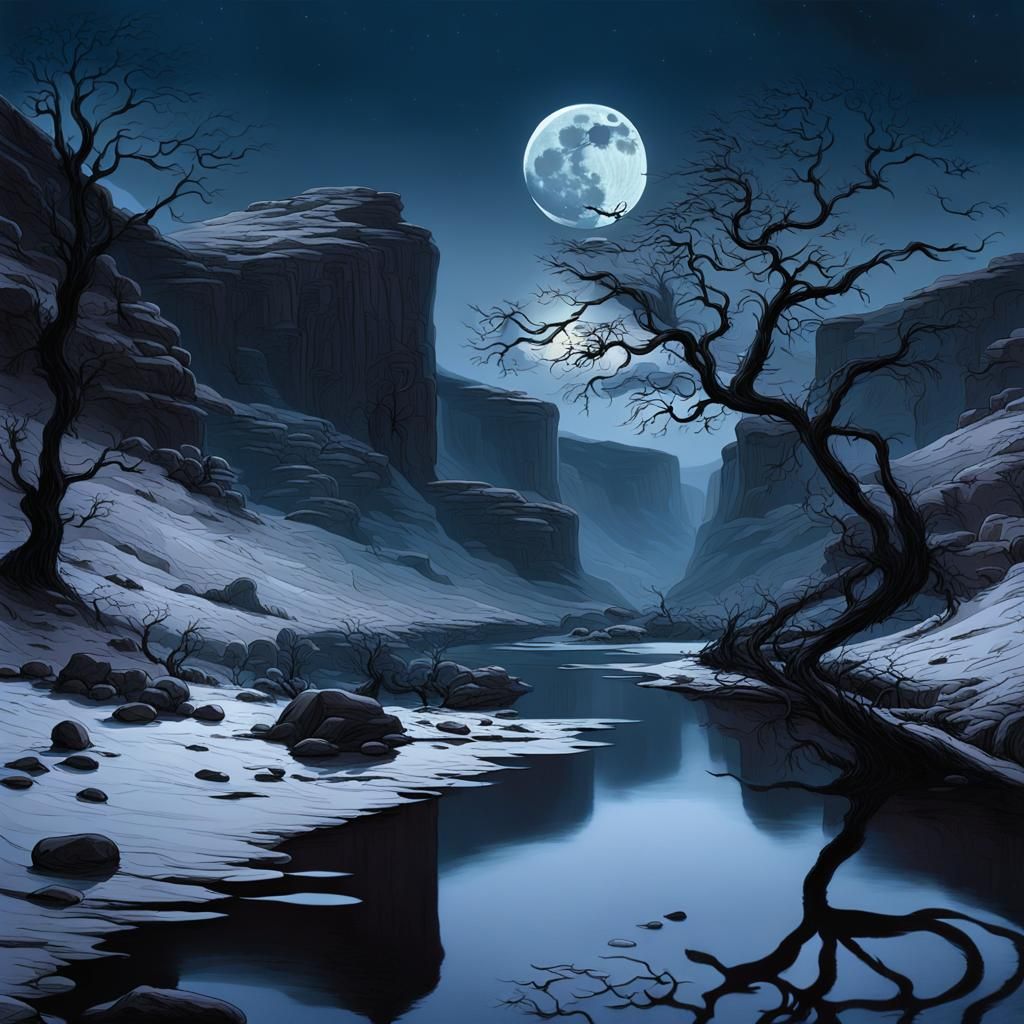 Eerie Moonlit Landscape with Red Accents