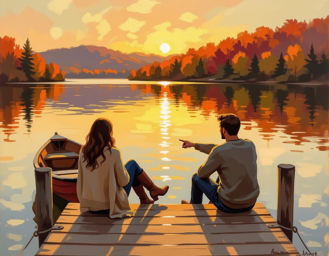 Golden Hour Lake Scene in Impressionistic Style