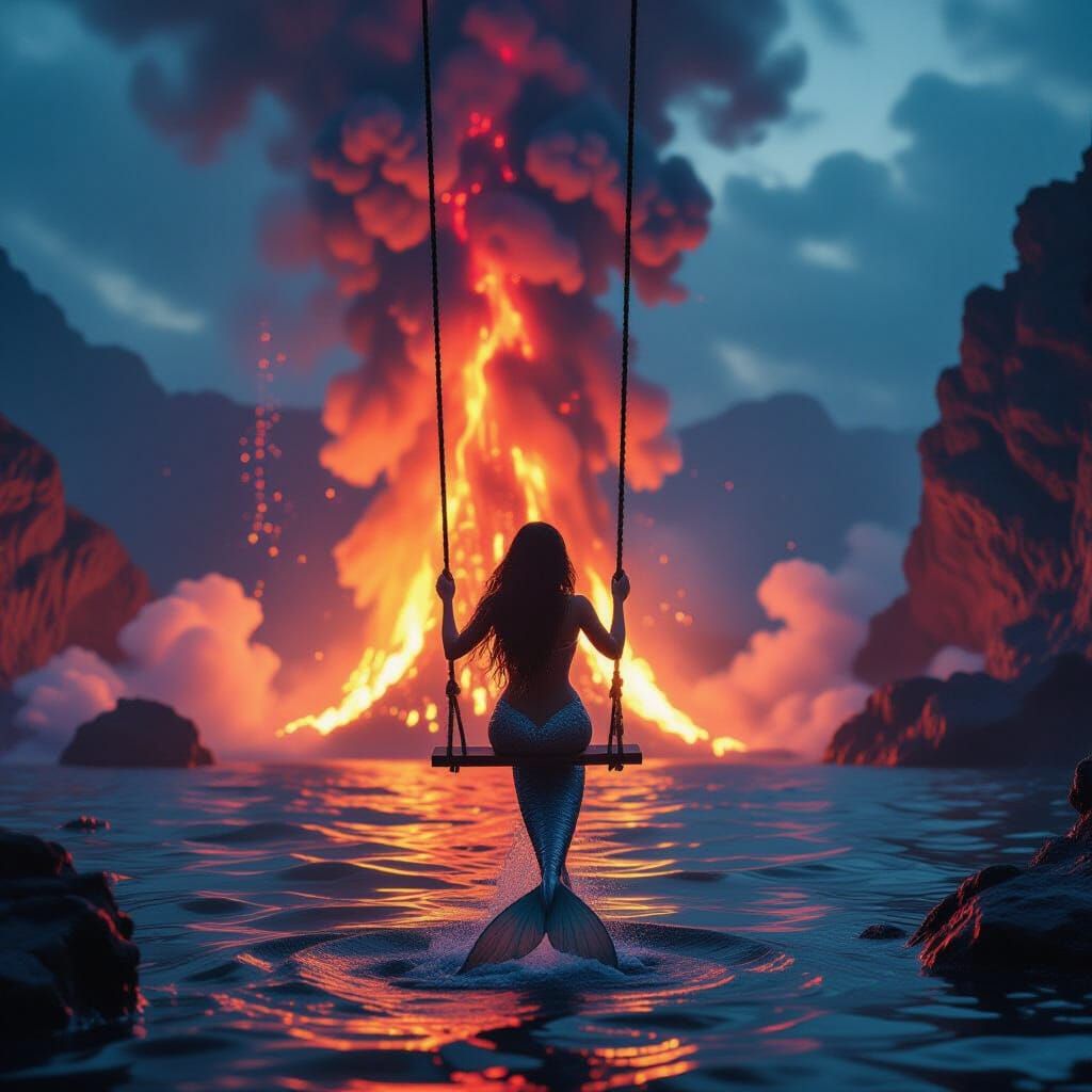 Mermaid Swings Near Erupting Volcano in Cinematic Film Still