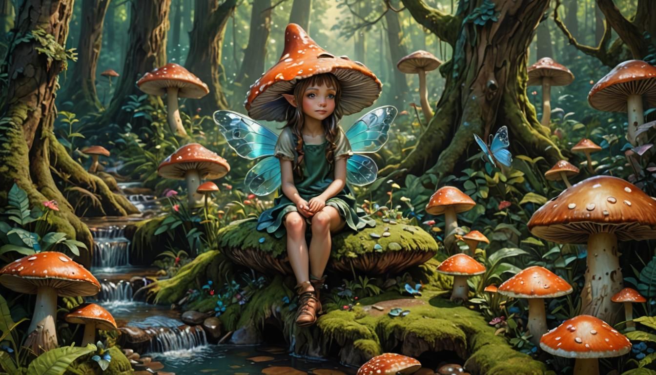 deep in the forest with a small stream sits a fairy girl sitting on a big mushroom, evergreen trees, intricately detaile...