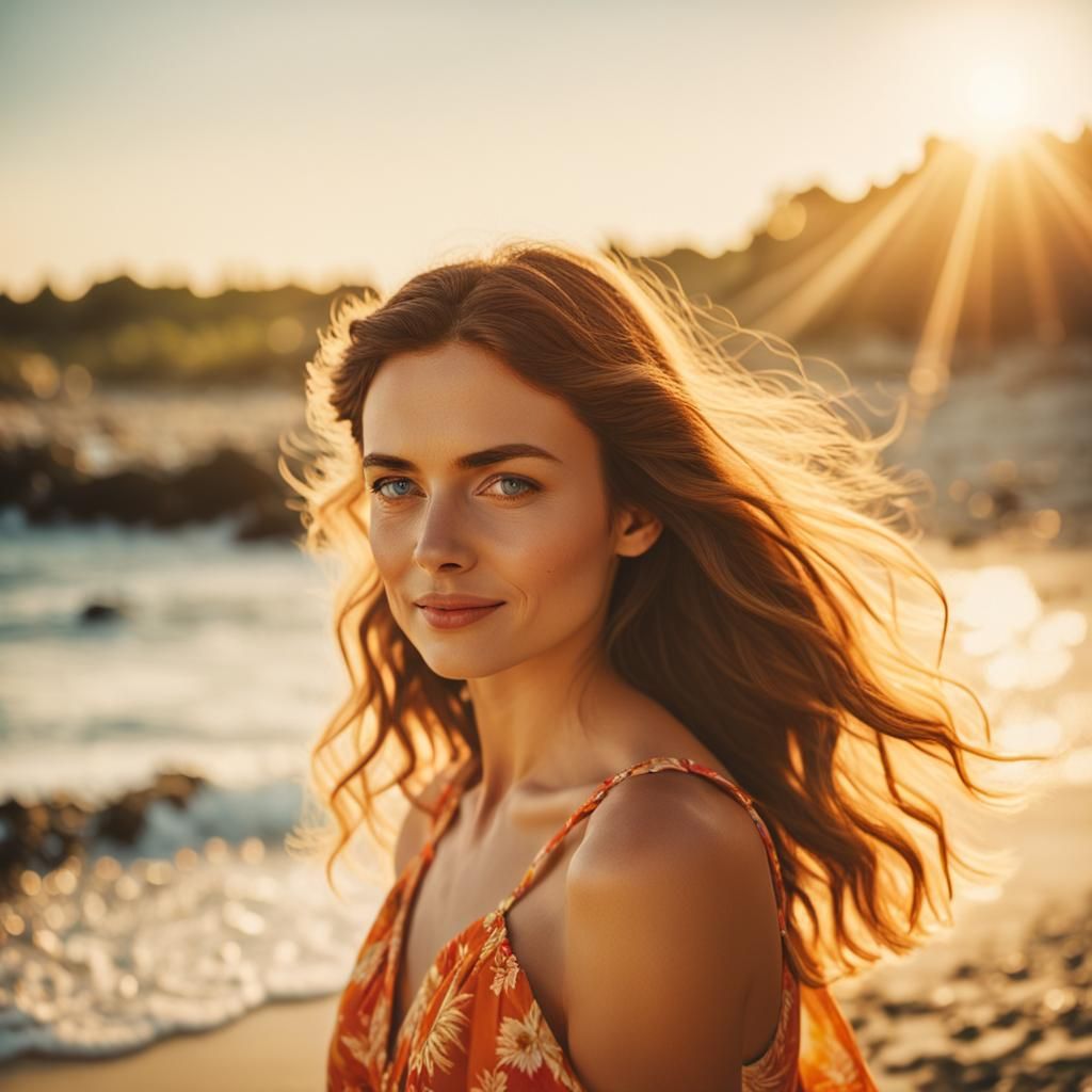 Cinematic Woman at Beach Enjoying Golden Hour Sun
