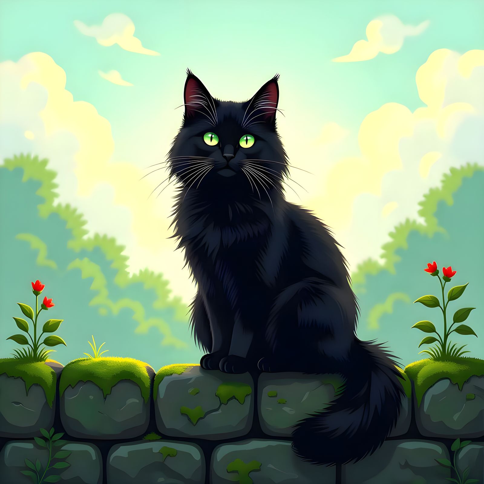 Emerald-Eyed Black Cat on Mossy Stone Wall