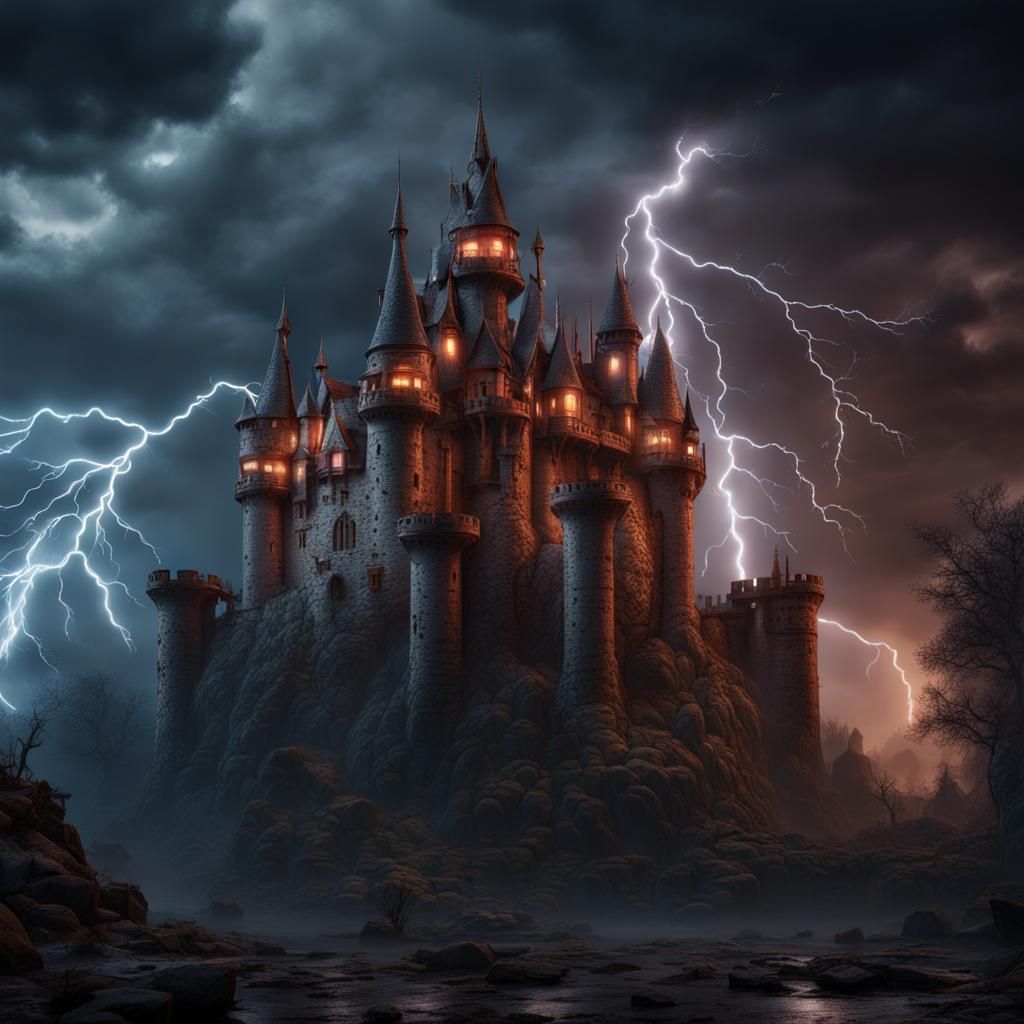 Dramatic Horror Castle with Lightning, Matte Painting