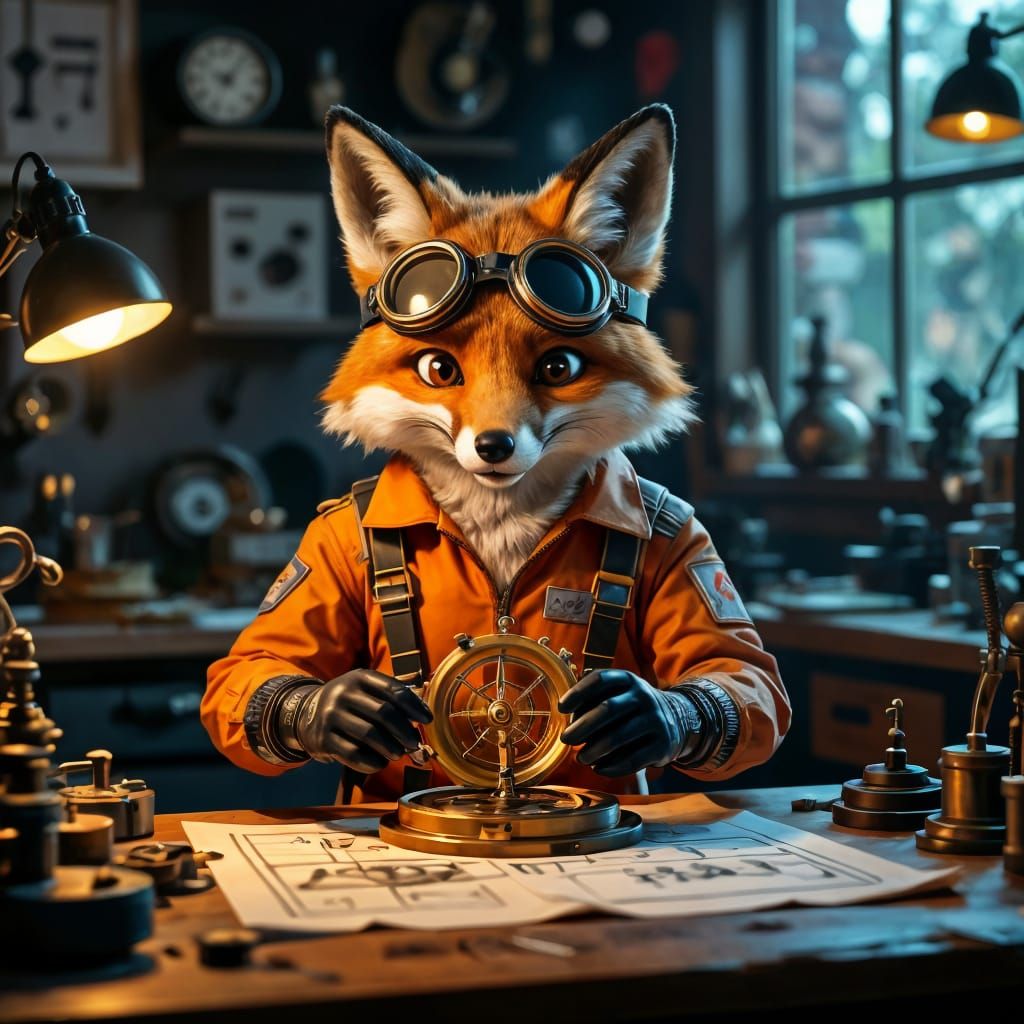 Anthropomorphic Fox Builds Astrolabe in Retro-Futuristic Wor...