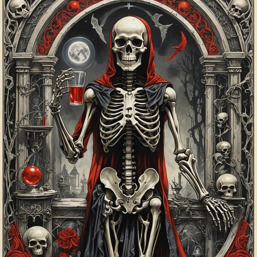 Skeleton Temperance Tarot Card in Sinister Style