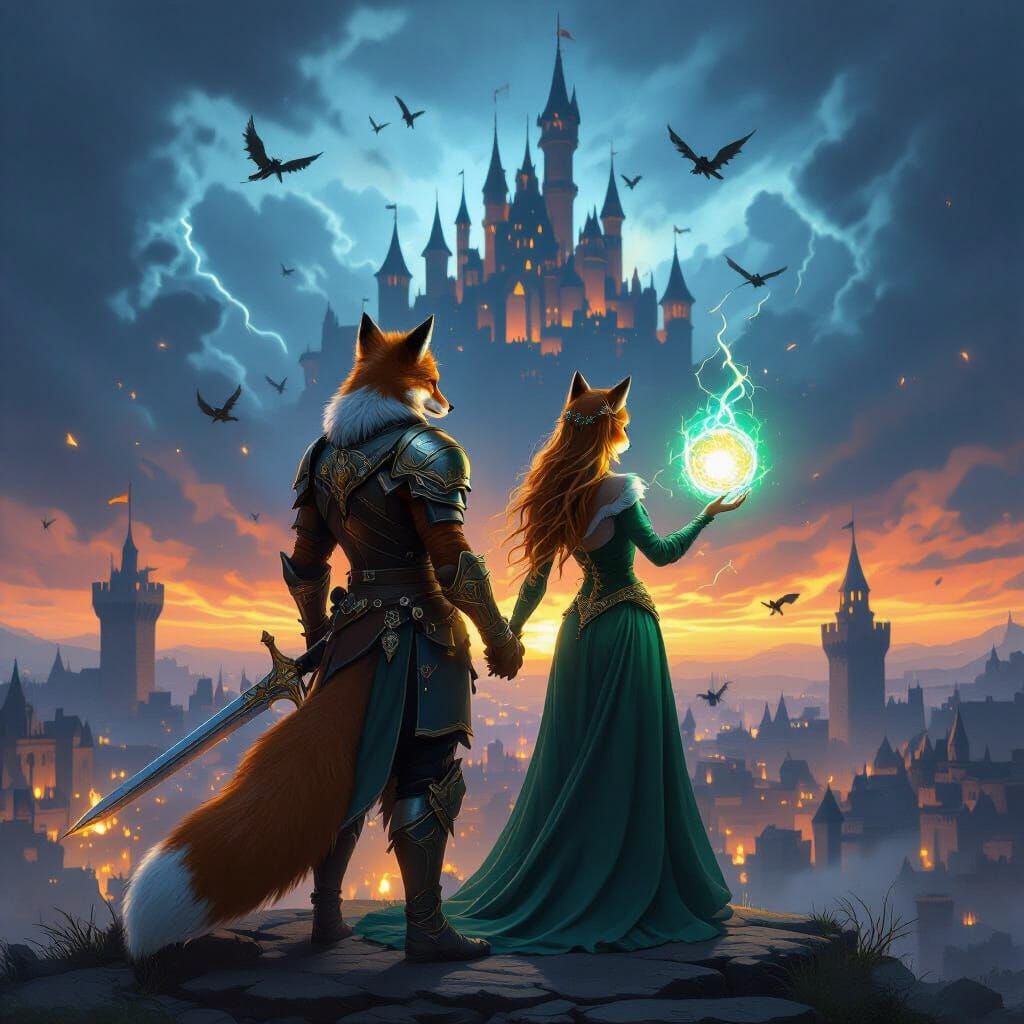 Fox Couple Overlooking Castle Siege in Fantasy Art Style