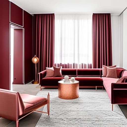 Beautiful Burgundy red loft Apartment with Rose gold furniture