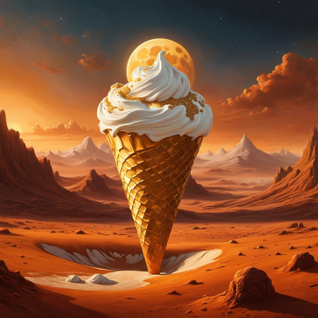 Gold Moon Melts Into Ice Cream: Surreal Oil Painting