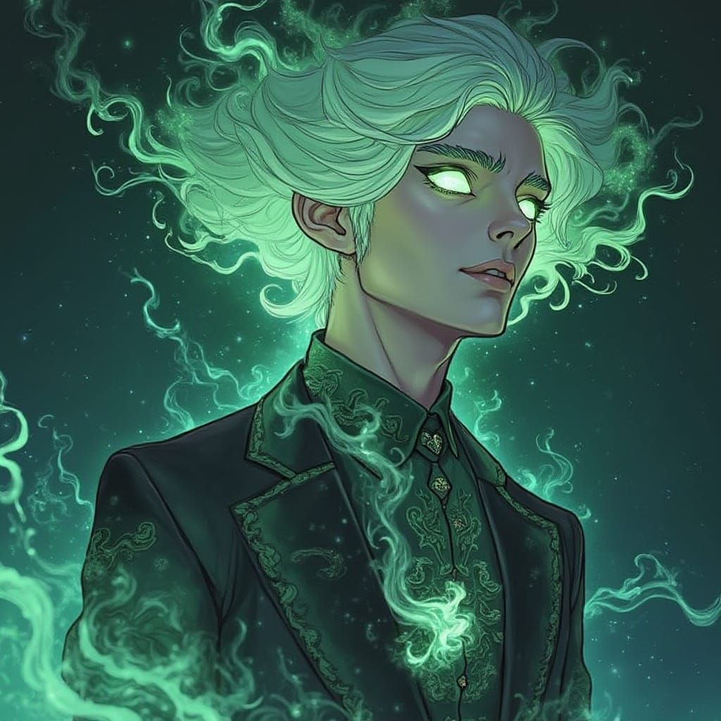 Handsome Jade Void God with Emerald Hair and Fiery Eyes