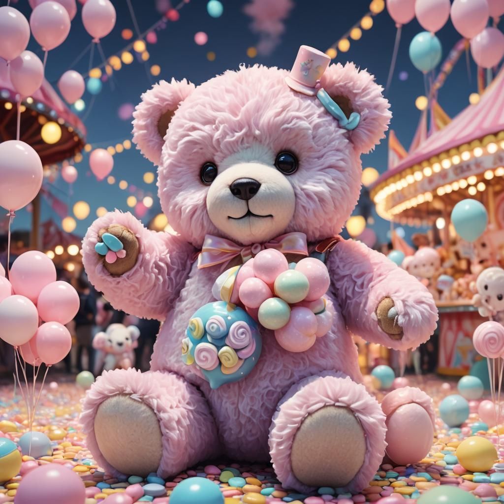 Pastel Teddy Bear at Magic Carnival, 3D Anime Art