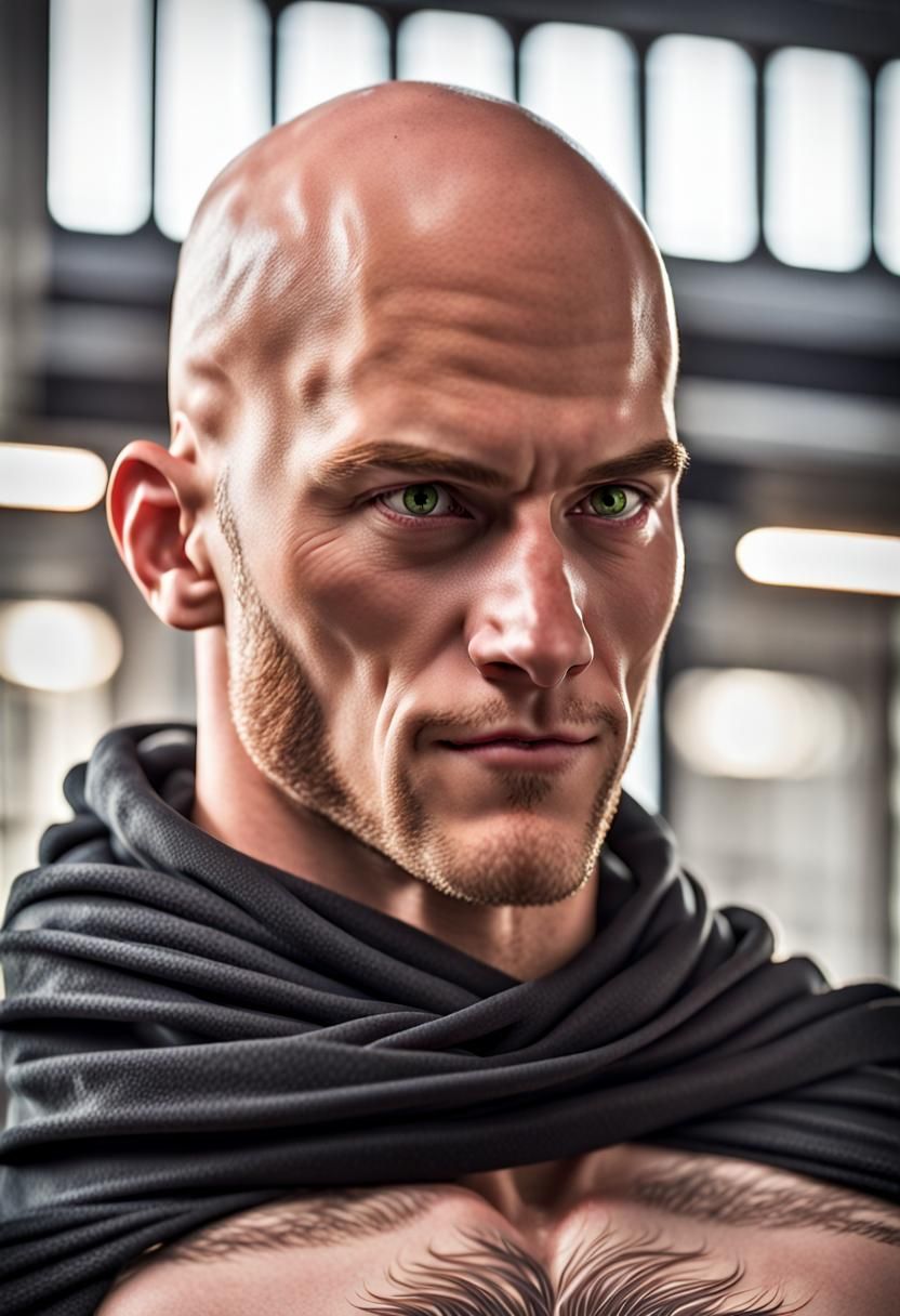 Male graphic novel character with shirtless muscular bald heroic dark academia bald Scottish reddish hair