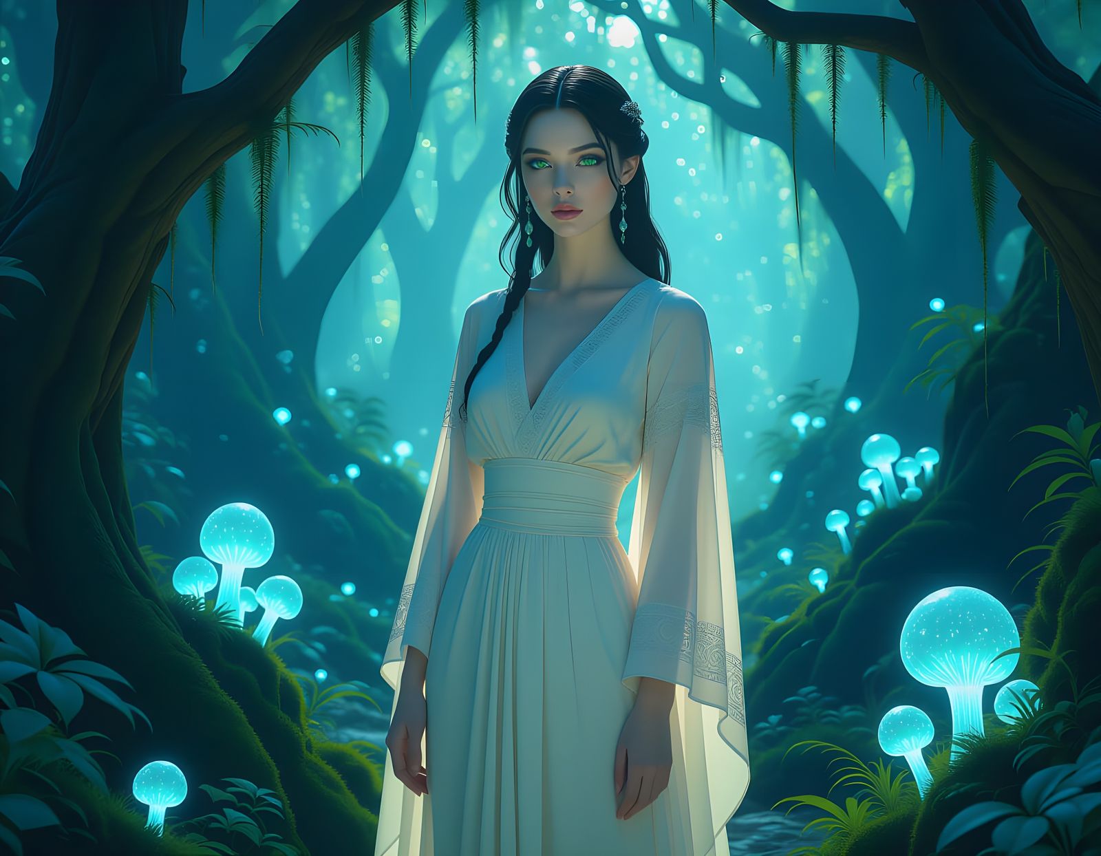 Opal-Eyed Woman in Bioluminescent Forest