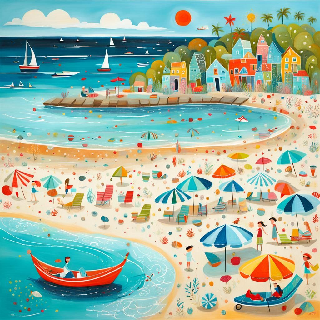 Colorful Beach Day in Mid-Century Modern Style