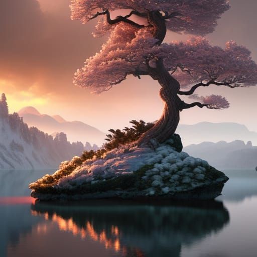 Snow Tree in Lake: Dark Fantasy Concept Art